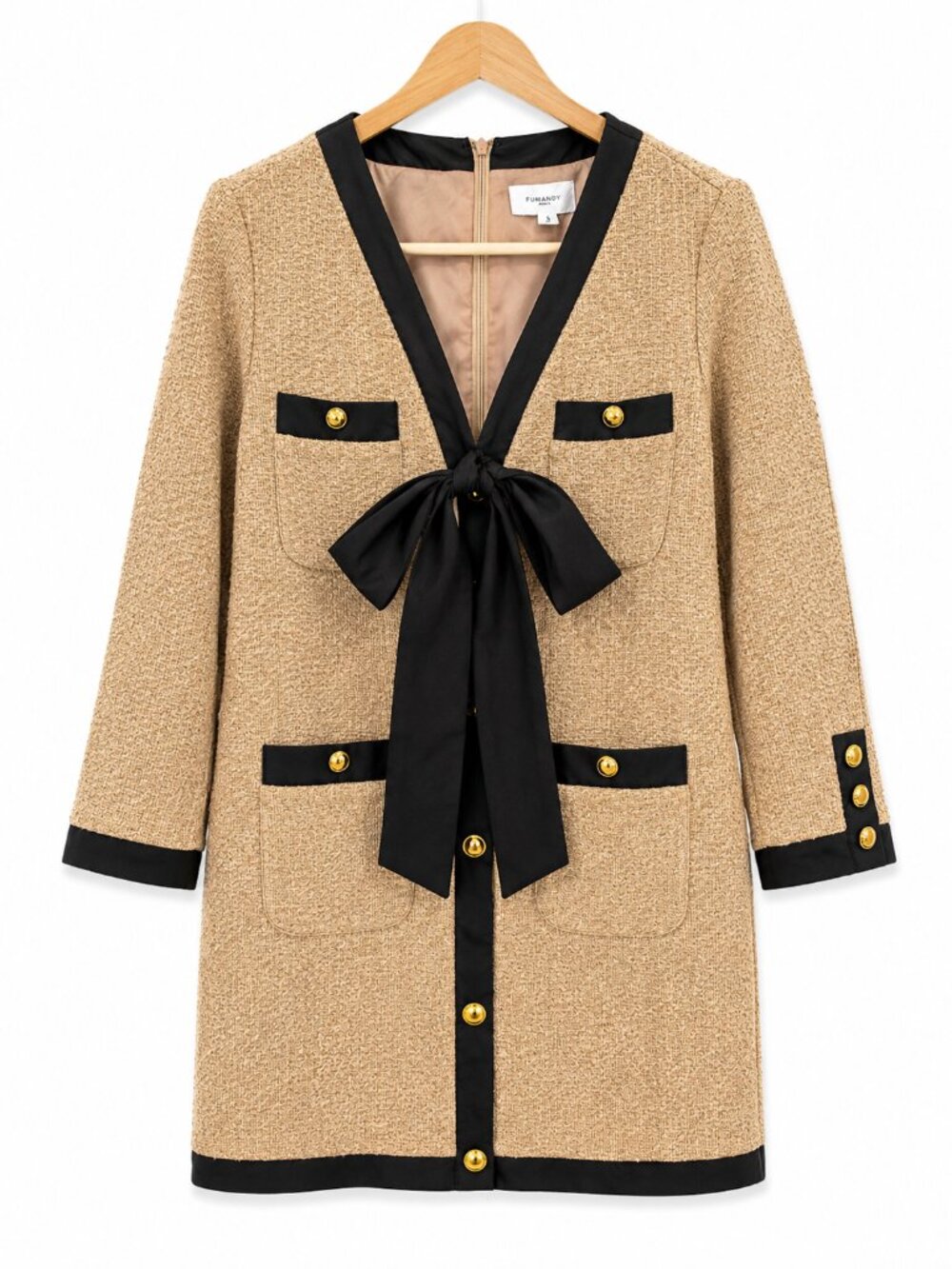 Pomander Place Coco Tweed Bow Mini Dress Tan Black